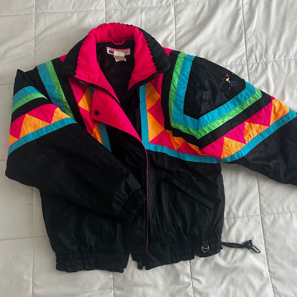 Vintage Obermeyer Ski Jacket Womens 8 Black Neon Colorblock Geometric 80s Retro